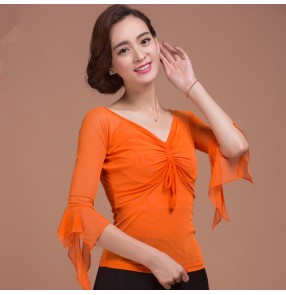 Orange colored middle long sleeves v neck competition performance women's ladies female  professional latin ballroom tango waltz dancing tops blouse